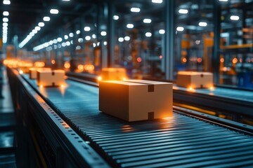 Cardboard Box on a Conveyor Belt in a Warehouse