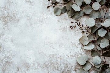 Wall Mural - The top view of a wedding invitation card mockup features eucalyptus branches on a rough stone surface.