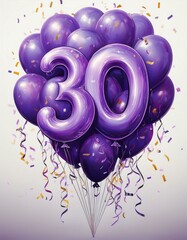 Purple birthday / anniversary balloon, number 30, white background with confetti