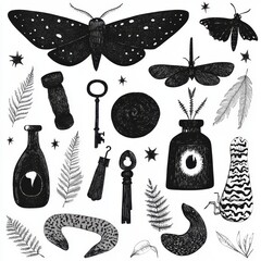 Wall Mural - Modern illustrations of mystical and magical items. Potions, keys, snakes, moths, mushrooms, snakes, and other items. Tarot, witchcraft, mysticism.