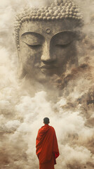 A serene scene where a monk in a vivid red robe stands with their back to the viewer, gazing up at a colossal, ethereal Buddha face that seems to form out of mist and smoke