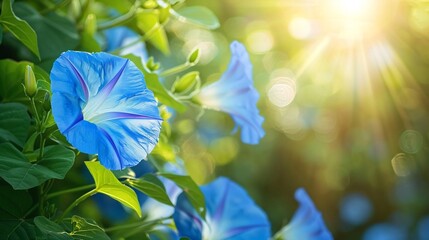 Blue Morning Glory Flower in Sunlight.