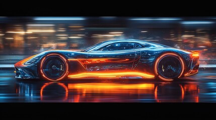 Wall Mural - Semiabstract design of a luxury sports car with sleek neon lines tracing its aerodynamic curves symbolizing speed elegance and innovation