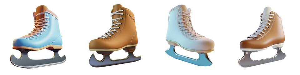 Set of colorful ice skates displayed in a row, highlighting their various designs and colors. Perfect for winter sports and outdoor activities.