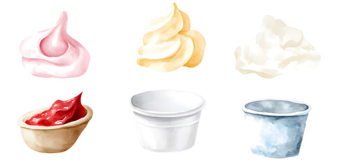 Watercolor whipped cream collection isolated on white background	