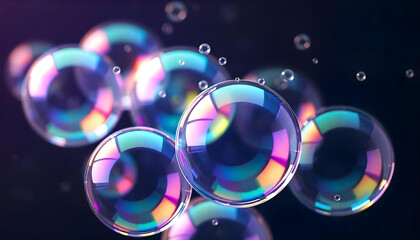 A Close-up of Iridescent Soap Bubbles Against a Dark Background