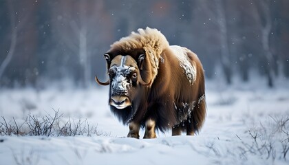 Wall Mural - Musk Ox Wandering Through a Snowy Winter Landscape