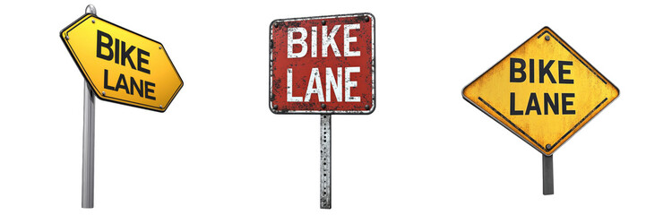 Set of three different bike lane signs on white background. Ideal for transportation and cycling safety illustrations.