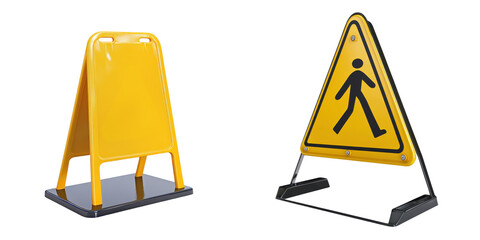 Set of two yellow traffic signs isolated on white background. Blank and pedestrian warning sign for road safety.