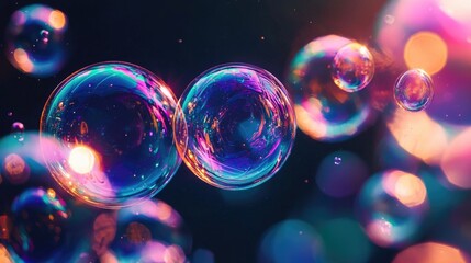 Wall Mural - Iridescent soap bubbles floating against a dark background