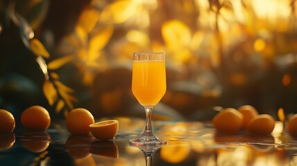 A transparent glass with orange juice in it, the glass is on a table in an orange garden.