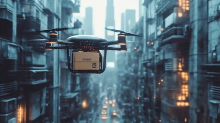 Wall Mural - Autonomous AI-guided delivery drones avoiding traffic to deliver goods faster: Drones navigating through city skies to deliver food, packages, and groceries efficiently.