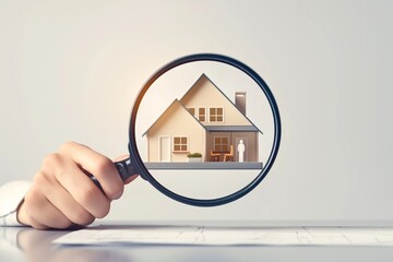 House model with a magnifying glass inspecting the house or searching for good house