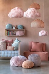 Cozy and tender kids room interior design with a toddler bed, fashion furniture, and cloud lamps.