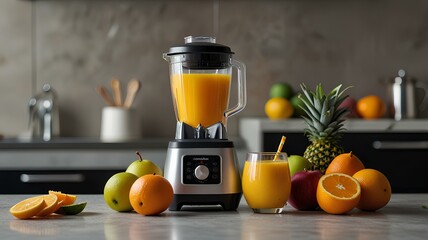 Blender on kitchen counter with fruit Copy area healthy food concept.