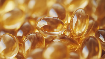 A close-up of a handful of transparent fish oil capsules, showcasing their glossy, golden appearance 