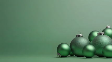 A minimalist design featuring glossy green Christmas balls placed on a matching green background 