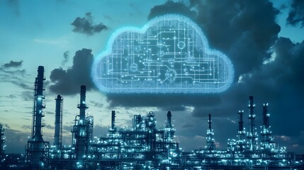 Wall Mural - A large cloud of data is hovering over a city. The city is lit up with lights, giving the impression of a futuristic, high-tech environment. The cloud of data seems to be growing larger and larger