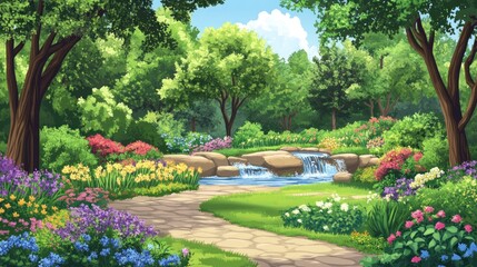 Poster - A Tranquil Forest Path with a Waterfall and Blooming Flowers