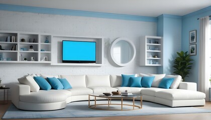 Photo modern style interior room 3d illustration Interior frame living room with colorful white sofa,led with blank frame