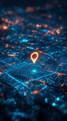 Poster - Digital map with glowing location pin, futuristic cityscape. Navigation and technology concept
