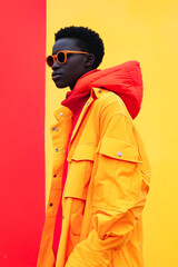 Sticker - A man in a yellow jacket and red hooded jacket standing in front of a yellow wall.