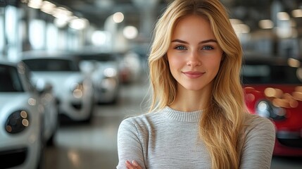 Wall Mural - Car dealership, portrait a woman, smile and confidence an auto insurance agency. Transport, rental and happy sales consultant at motor showroom with digital app for online networking