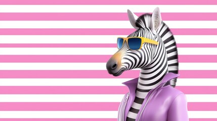 A stylish zebra wearing sunglasses and a purple jacket, set against a playful pink striped background.