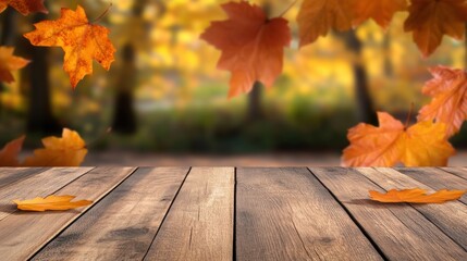 Sticker - A wooden table with autumn leaves on it in front of a blurred background, AI