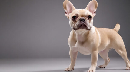 Canvas Print - A small brown dog standing on a gray background with his ears up, AI