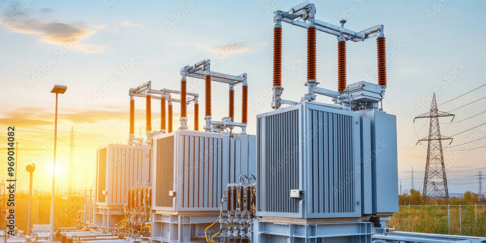 Electrical power outdoor substation. Close-up of switchgear and ...
