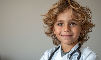 Smiling boy playing doctor, wearing a white coat and stethoscope, embodying care and hope for the future.