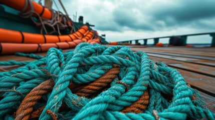 A close up of a blue rope on the deck of an ocean vessel, AI