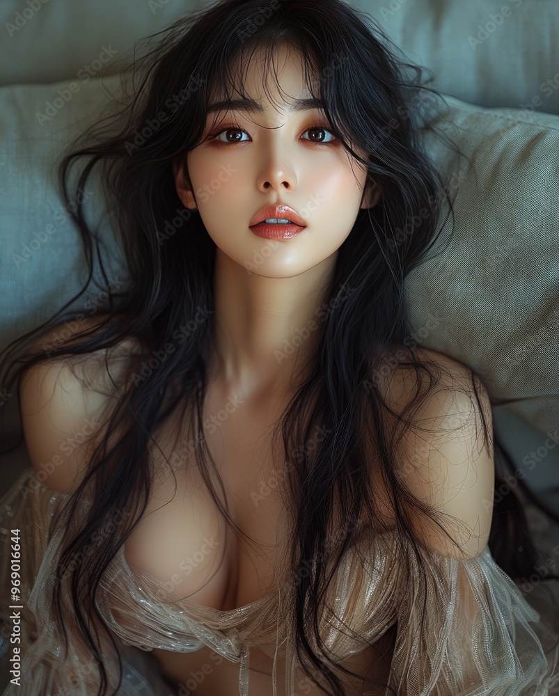 Portrait of pretty young Korean, Japanese, Chinese woman, girl sitting naked, with naked