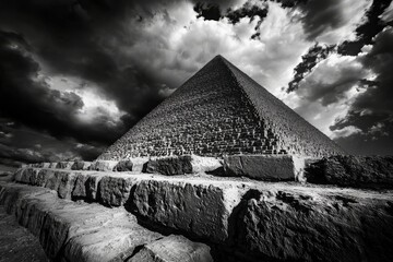 Wall Mural - Monochromatic view of the Great Pyramid of Giza in an imposing low-angle shot with rugged stone steps