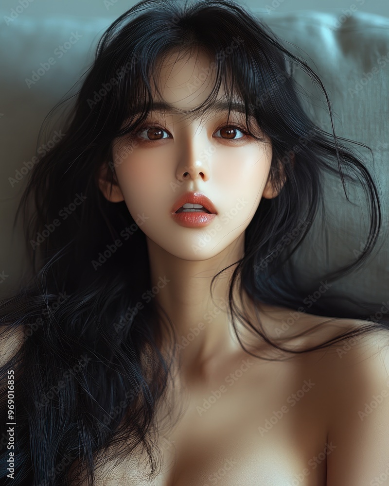 Portrait of pretty young Korean, Japanese, Chinese woman, girl sitting