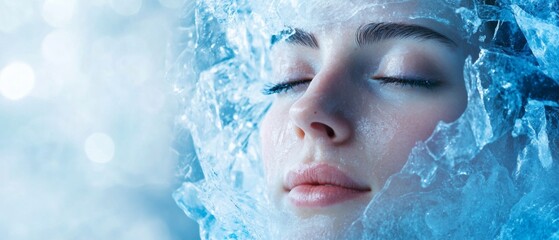 Wall Mural - A woman's face is covered in ice, giving her a serene and peaceful appearance