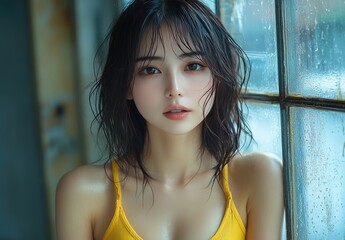 Portrait of young beautiful, pretty japanese woman, girl, teen with wet hair, wearing yellow tank top on background of big window