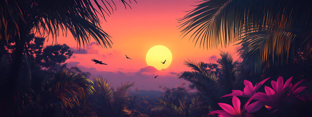 Poster - Tropical Sunset with Neon Palm Leaves