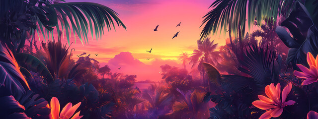 Poster - Tropical Sunset with Neon Palm Leaves