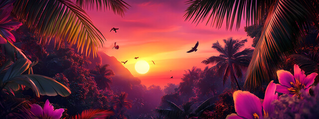 Poster - Tropical Sunset with Neon Palm Leaves