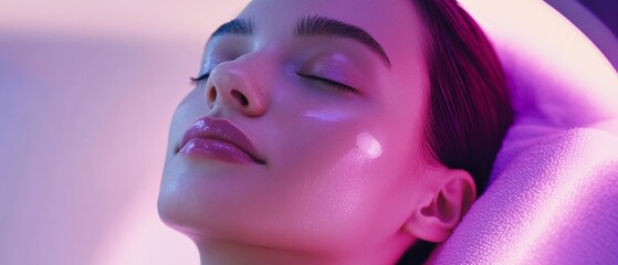 Wall Mural - A woman is lying down with her eyes closed and a pink pillow behind her head