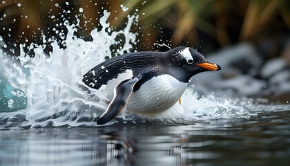 Gentoo penguin diving and splashing in crystal-clear blue water