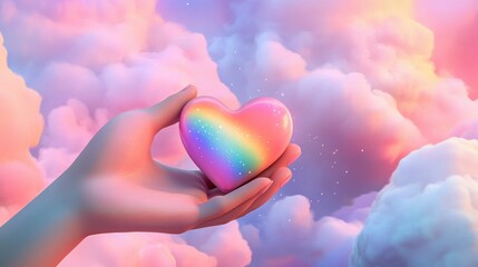 Canvas Print - A hand holding a heart shaped rainbow colored rock in the sky, AI