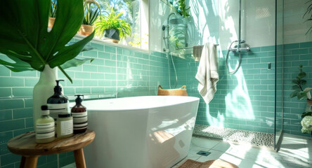 Wall Mural - Transform your bathroom into a serene oasis with lush greenery, natural light