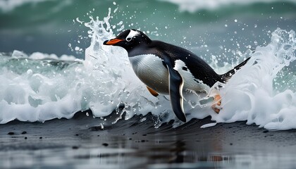 Poster - Gentoo penguin diving and splashing in crystal-clear blue water