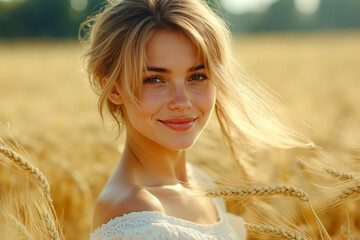 Canvas Print - A woman in a field of wheat smiling at the camera