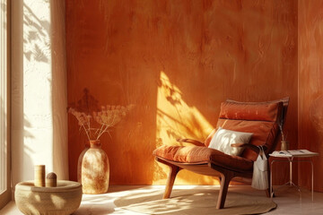 Experience the ultimate comfort and style with this cozy lounge setup featuring sunlit orange hues