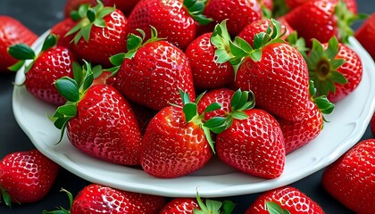 Wall Mural - Fresh strawberries are stacked on white plates, exuding an attractive luster, showing their natural color and vitality.