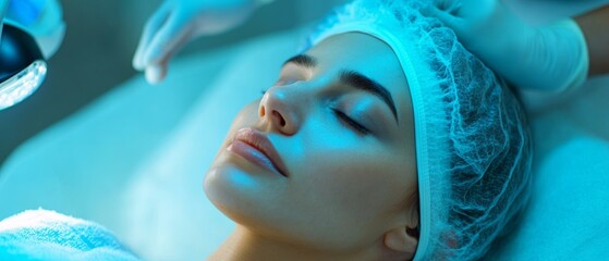 Wall Mural - A woman is laying on a table with a doctor examining her face